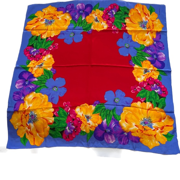 Liz Claiborne Scarf 100% Silk Square Multi Color Large Flowers Floral Japan 30" - Picture 1 of 7